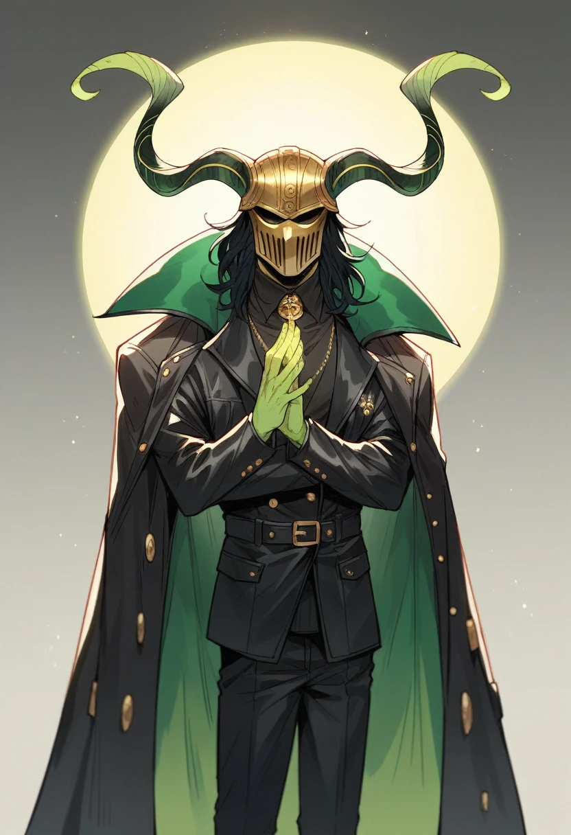 Loki, man, long black hair, villain, golden helmet, two long horns, black costume with golden accents, leather trench coat, green cape, green magic