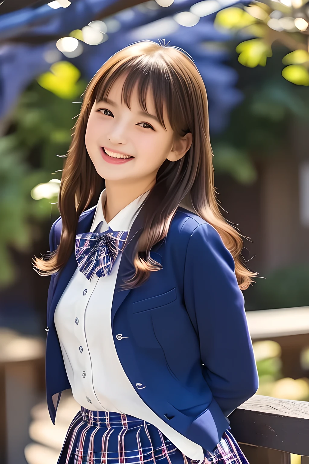 (highest quality, masterpiece, high resolution:1.2), 4K, (Photo quality well detailed white white white face: 1.2), geometry, (A beautiful portrait of a noble French girl from the 19th century, painted by a famous artist.: 0.8), (13 yo cute girly Japanese sensitive weak girl with very detailed graceful cute smiling face is turning to me and looking at me: 1.5), Laughing cutely, (Japanese school girly navy-colored blazer uniform: 1.4), (blue dark blue blue expensive pleated checkered school skirt inside the blazer: 1.6), (big sharp breast: 1.3), (Dark red glossy school ribbon on the breast: 1.0), (Extremely laughing cheeks: 1.0), (Beautiful pretty large laughing cute cute cute childish childish laughing cutely laughing eyes with detailed and balanced well: 1.4), (Double eyelids: 1.0), (Long bottom eyelashes: 1.2), (Glossy very wet lips: 1.0), (Super-straight hair, extremely very long hair which reaches her waist: 1.3), (The sacred light is coming from the front, making her face bright and whole body appear bright white.: 1.2), (Baby-faced magazine school fashion model beautiful girl: 1.2)
