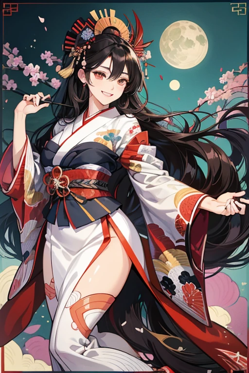 A beautiful woman smiles and shows her upper white teeth、Vividly colored Japanese Ukiyo-e style illustrations、SeaArt creates stunning illustrations of beautiful women in kimono、Brown-black long hair、Beautiful full body style、Beautiful digital illustrations,、Beautiful digital painting, Bright and vivid anime CG art, Detailed digital anime art, Beautiful anime portraits