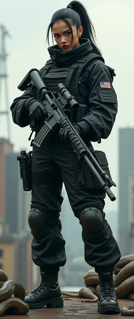 so much swagger trained marine corp militant asian female solider with snakes smug grin sneer. with an attitue vengance she adorn with pony tail hairstyle adorn hip hop rap style in kevlar black military attire armour sniper rifle on rooftop standing absolute disrespect bad-mannered