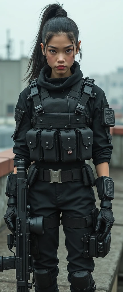 so much swagger trained marine corp militant asian female solider with snakes smug grin sneer. with an attitue vengance she adorn with pony tail hairstyle adorn hip hop rap style in kevlar black military attire armour sniper rifle on rooftop standing absolute disrespect bad-mannered
