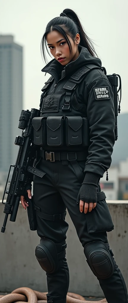 so much swagger trained marine corp militant asian female solider with snakes smug grin sneer. with an attitue vengance she adorn with pony tail hairstyle adorn hip hop rap style in kevlar black military attire armour sniper rifle on rooftop standing absolute disrespect bad-mannered