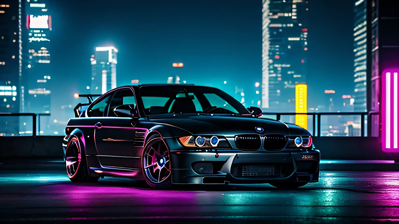 Masterpiece, top quality, high quality, high detailed, old car, e46 model, ((by bmw, bmw E49)) black color, black wheels color, big spoiler, body kit, low loaded, (cyberpunk, cyberpunk style, cyberpunk 2077, sci-fi, futuristic), parking beside of sidewalk, front view, road light, night time, cyberpunk city background, tall buildings, tall towers, neon, holograms, no one