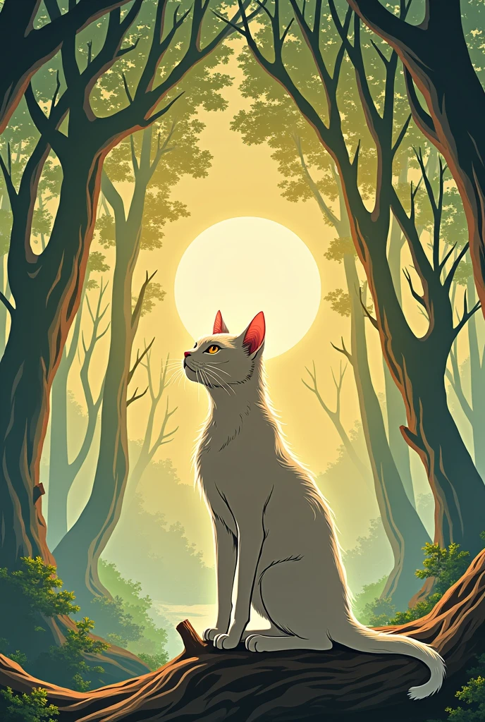 A cat watching the moon in the woods