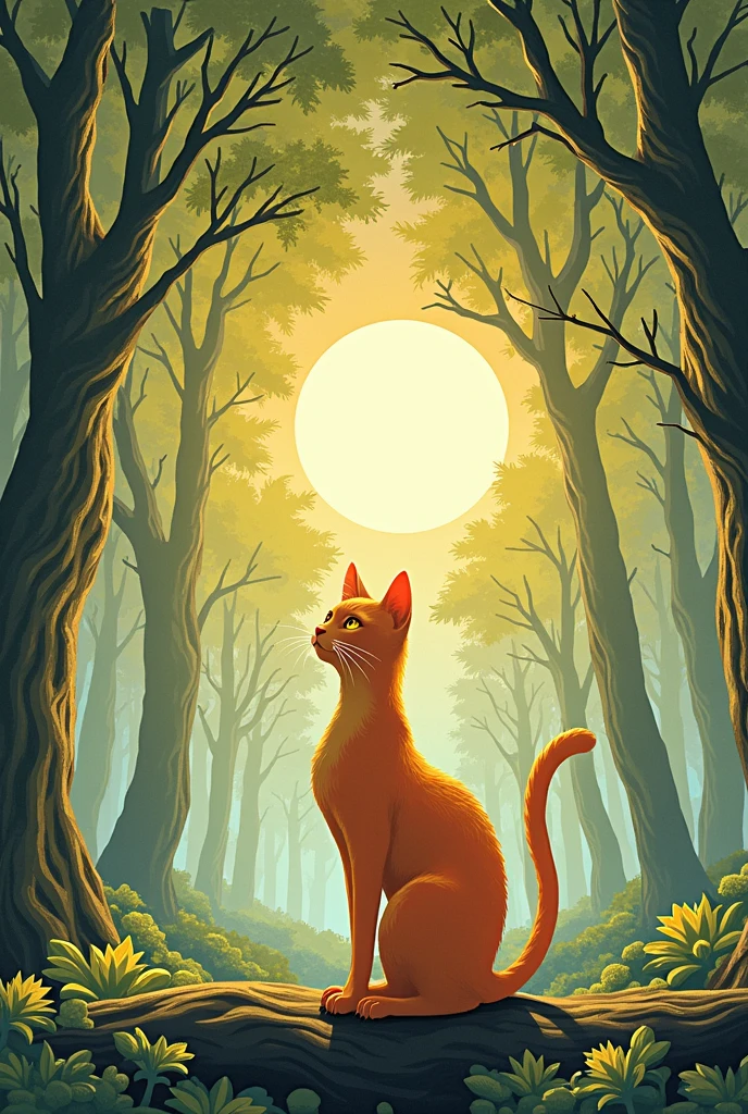 A cat watching the moon in the woods