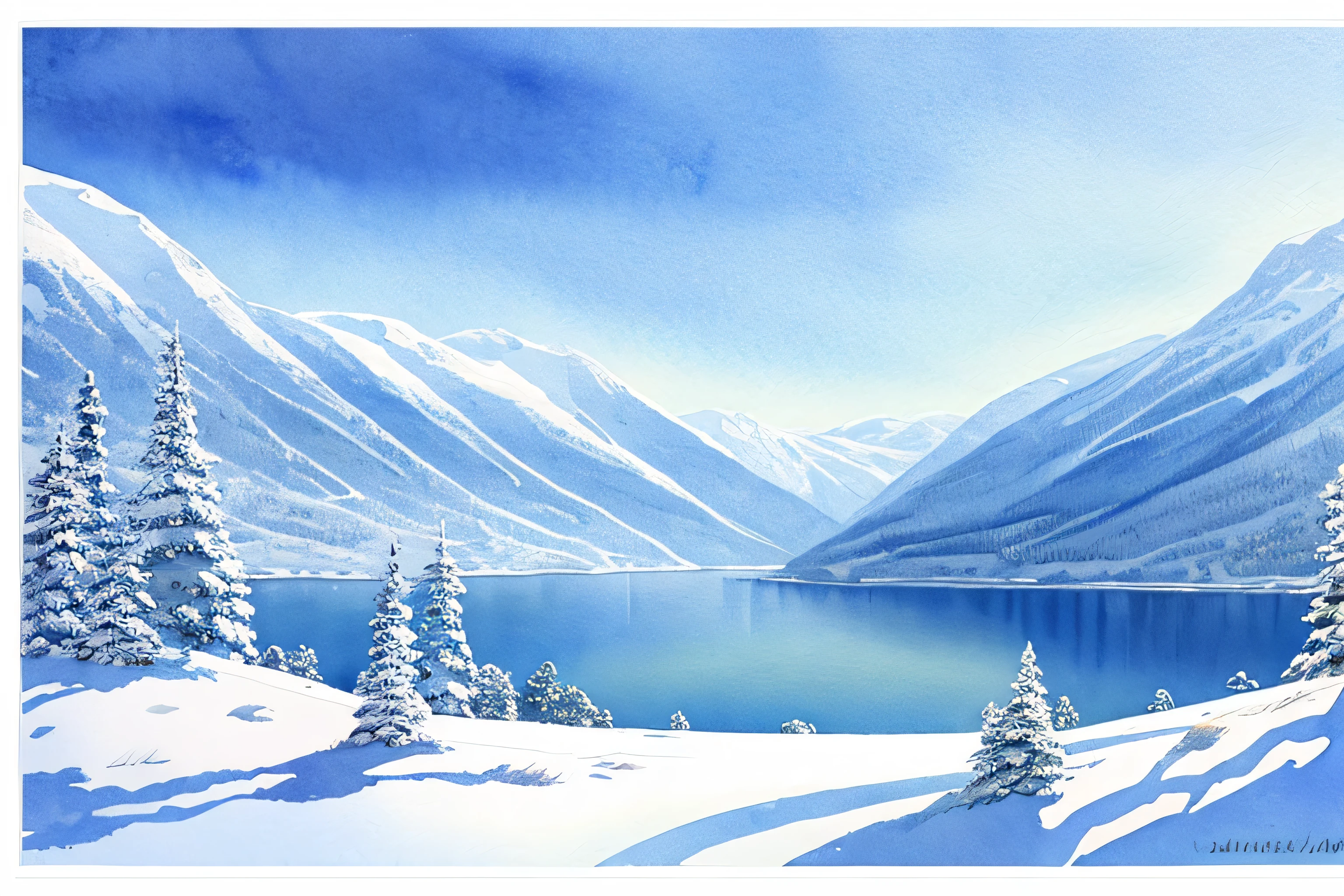 Northern Europe fjord snow winter Vision watercolor