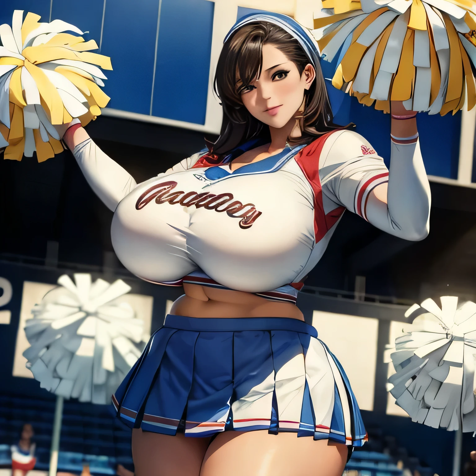 high quality, masterpiece, (photographrealistic:1.4), 8K, beautiful japanese milf, 1 girl in, 30-year-old, sexy, cheergirl, (gigantic breasts:1.4), (wear white cheerleading uniform:1.3), blue mini skirt, muscular, sexy, curvy body, mamma size, droopy breasts, woman seducing, smile, colossal breasts, sculpture body, (skirt color white:-1), plump,