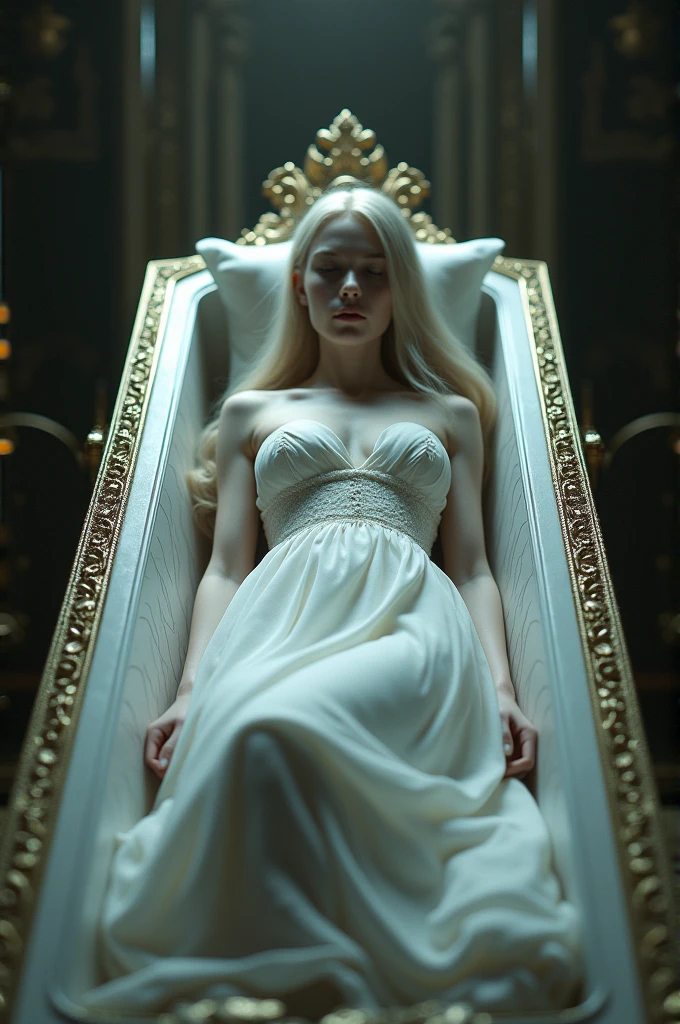 A girl in white elegant non reveling dress laying in a coffin