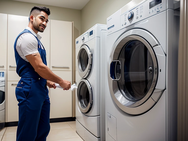 A handsome and strong laundry technician with a slight smile, It is in a luxurious laundry room of a house, en cuncillas, checking a washing machine pointing out the fault to a woman, the client, who is standing, crouched and worried about the fault