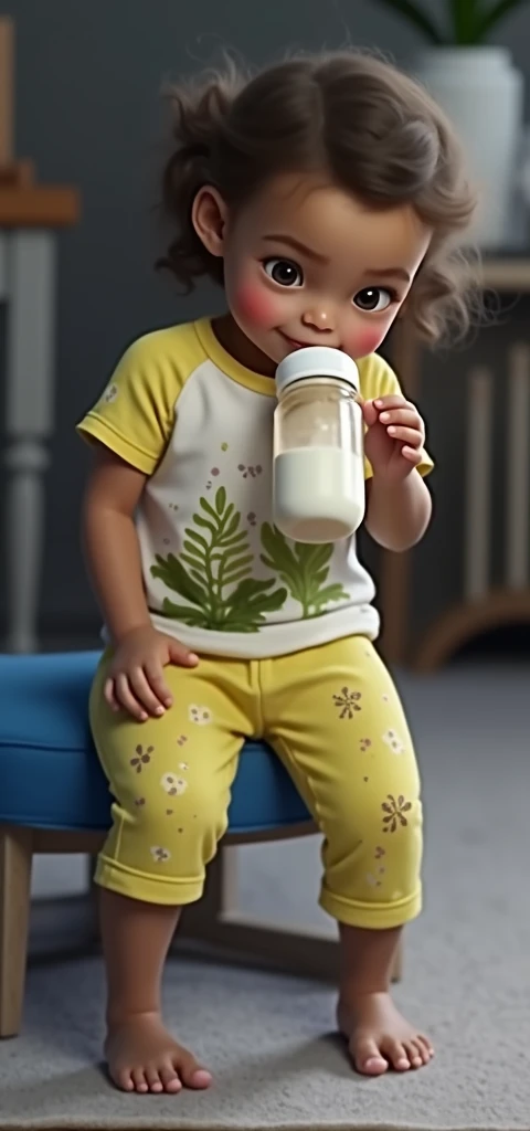 A 3D cartoon image of a 1. baby girl wearing clothes and drinking milk quietly with a bottle in one hand