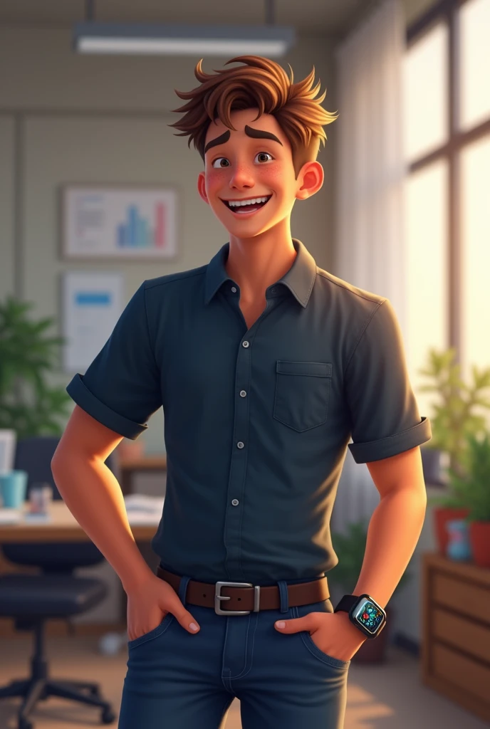 The boy also became happy after seeing the girl's thank you message on Instagram, the boy is wearing a dark blue shirt, jeans and a smart watch, and the boy is still in the office