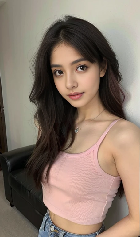 (lifelike, high - resolution:1.3), 1 hot indian girl with a perfect body, Super fine face and eyes,slong hair, hair tied up, pink hair, Tank top of random colors:1.2, short jeans, standing,full body, sexy, looking hot
