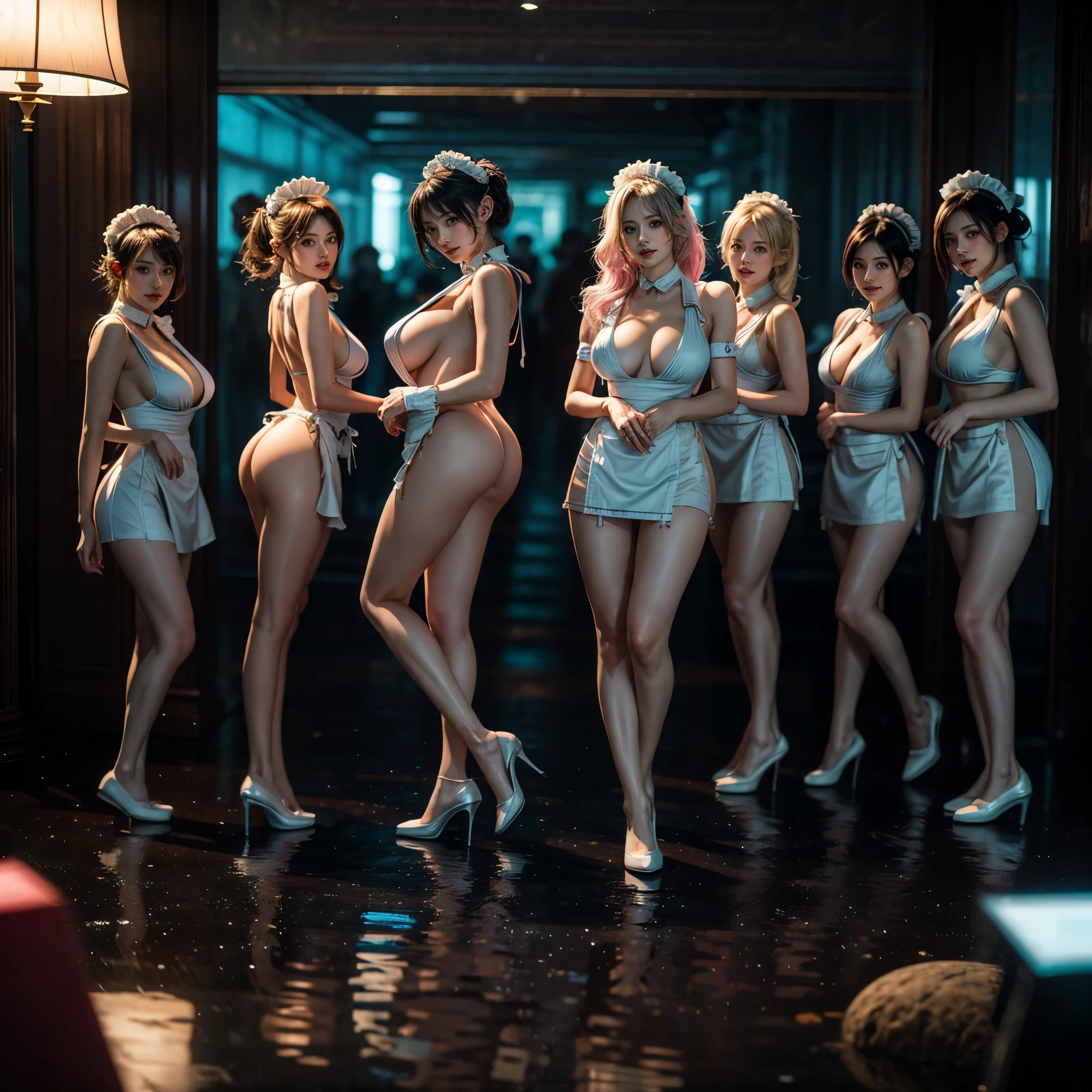 (Full Body of Extremely Detailed((Sexy Maid Group in a row:1.37))), KAWAII perfect face, Reflective Eyes, Detailed(Delicate Clothing textures), Correct Leg Line, Dynamic Joyful Expressions LifeLike Rendering, Specular Reflection, TopQuality 8K Ultra-detailed masterpiece (ProfessionalPhoto:1.37), (Acutance:0.8), (Luminism:1.28), Renaissance art style, Colorful Light particles, ((Full body from side)), {MicroMini Skirt|Kissing|Thigh Gap|Roundly Tiny AssFocus|(NakedApron with (Overflowing Sideboob))}, Radiant Fine Skin with Transparency, {Pink Hair|LightBlue Hair|Platinum Blonde|Pure White Hair|Liquid Hair}, Perfect Lighting