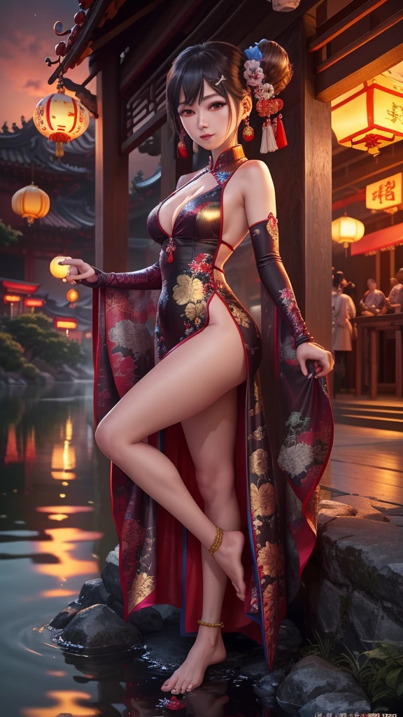 masterpiece,best quality,official art,extremely detailed CG unity 8k wallpaper, (wide shot),1girl, (Miyu Edelfelt),,black hair,brown eyes,seductive smile,(cleavage cutout), barefoot, see-through dress, butterfly, butterfly hair ornament, backless dress, chinese clothes,sleeveless, double bun,golden dragon print,bare foot,spread legs,elbow gloves,hair bun, hair ornament,jewelry,earrings,bead anklet,slim legs,nail polish, small breasts, solo, toenail polish, toenails, toes, twintails,outdoor,Chinese style architecture, Chinese style, lake, ancient town, beautiful and meticulous water,the red lantern,fireworks,