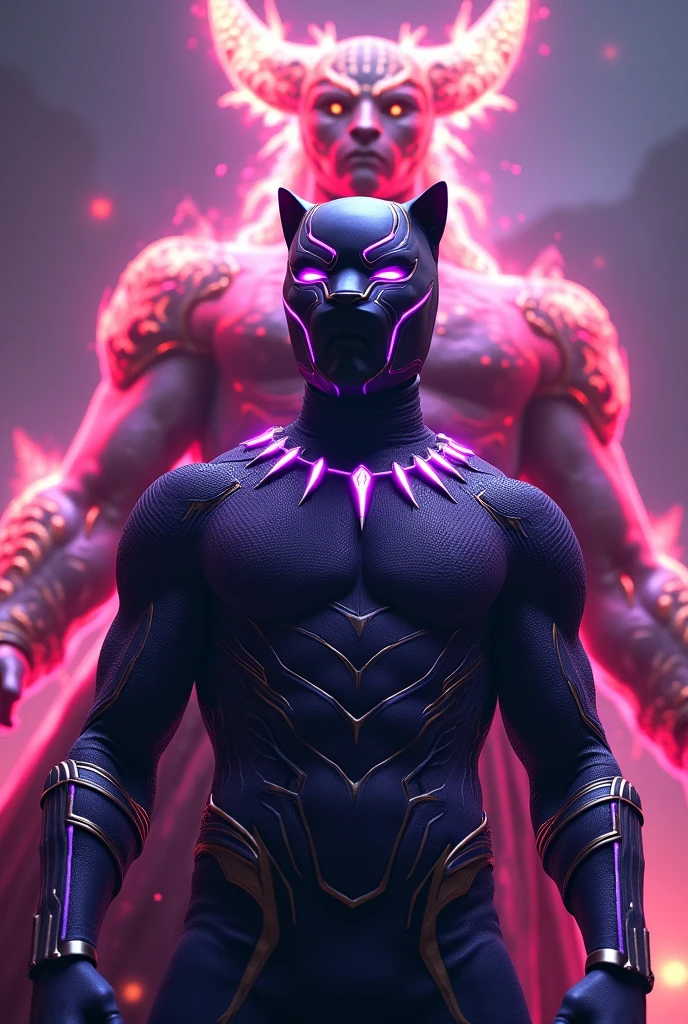 Movie poster for "Black Panther Panderverse", Create a photorealistic portrait of a prince eddie murphy from norbit as purple black panther from marvel universe, masked and standing in a mystical, ethereal realm. The cosmic villain hero vampire energy dragon demon drainer has a cringe-like presence, adorned in intricate, glowing armor with fiery accents that radiate power. Art style inspirations include H.R. Giger, Alex Grey, and John Harris. The image should have high resolution, with detailed textures on the armor and fiery background. Use dynamic lighting to emphasize wakanda forever divine and menacing aura, with a focus on intense, warm light and shadow play. Camera angle: low-angle shot to enhance the sense of power and grandeur.
