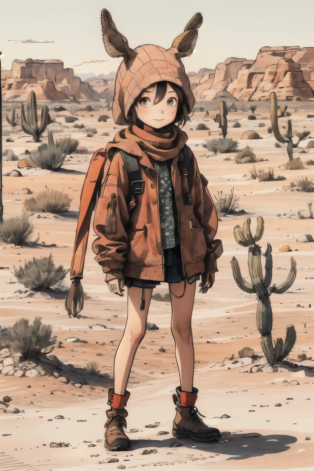 A cute girl in desert fashion in the desert, smile,