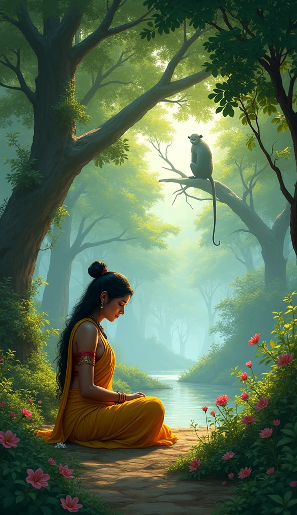 Sita in Ashok Vatika**: Sita sitting sadly in a beautiful garden, surrounded by lush green trees and flowers, while Hanuman watches her from  tree.