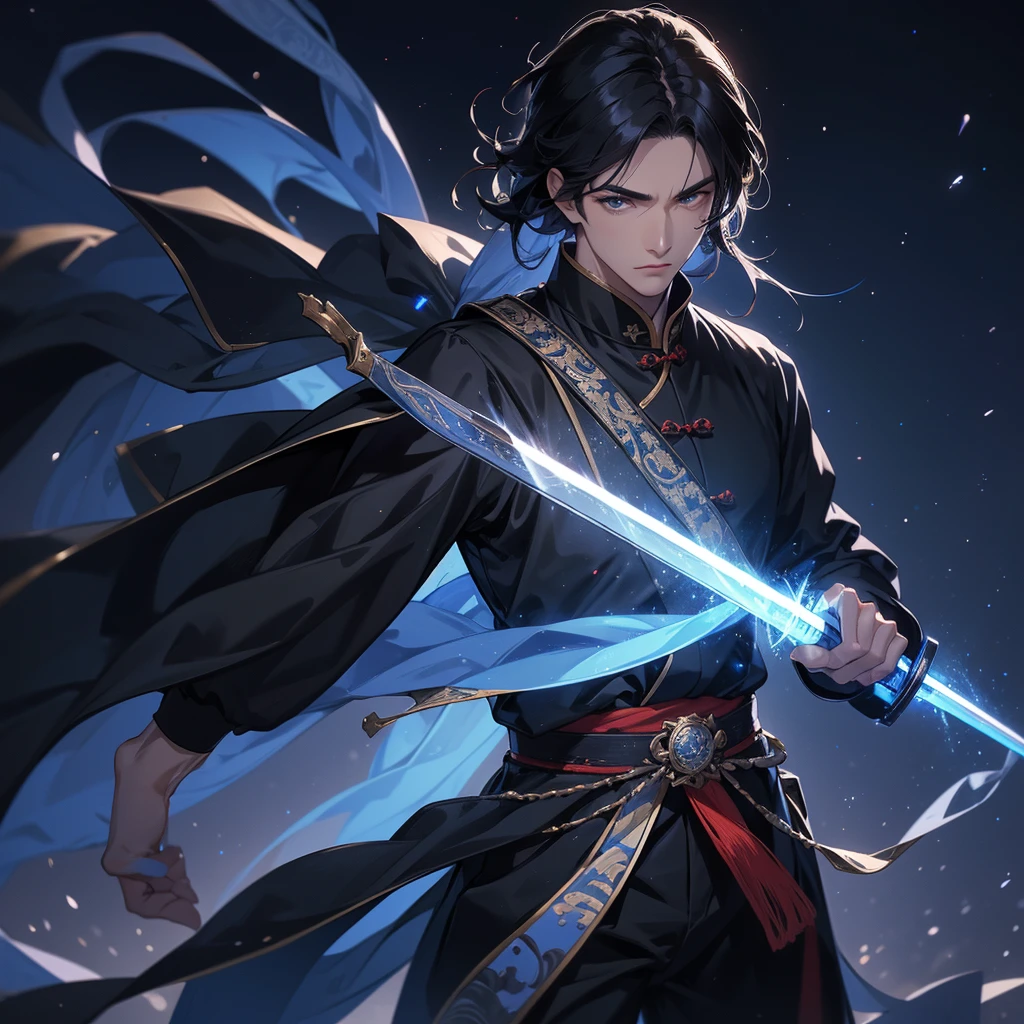 A Handsome black-hair male holding a large sword in an ancient chinese costume, Background is a dark night, with moonlight and millions of stars, twinkling everywhere, with blue light