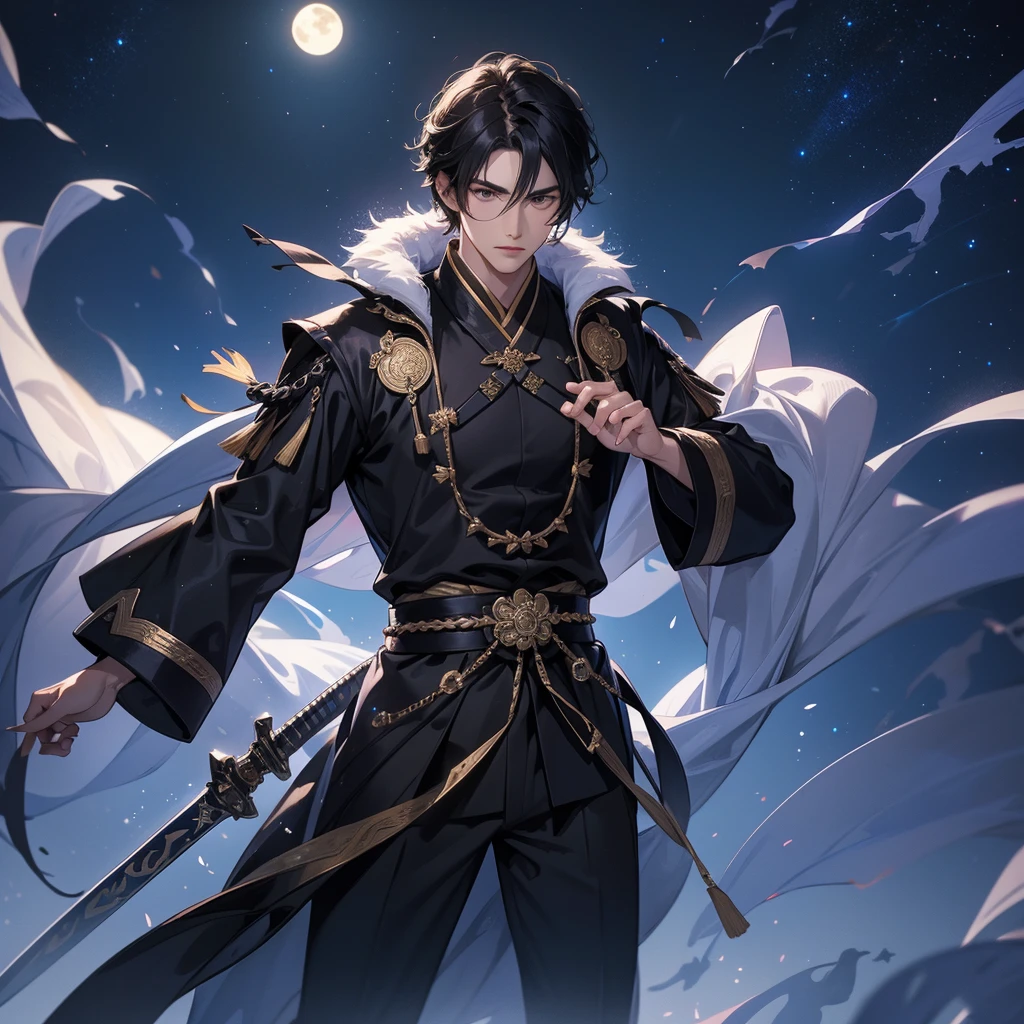 A Handsome black-hair male holding a large sword in an ancient chinese costume, Background is a dark night, with moonlight and millions of stars, twinkling everywhere, with blue light