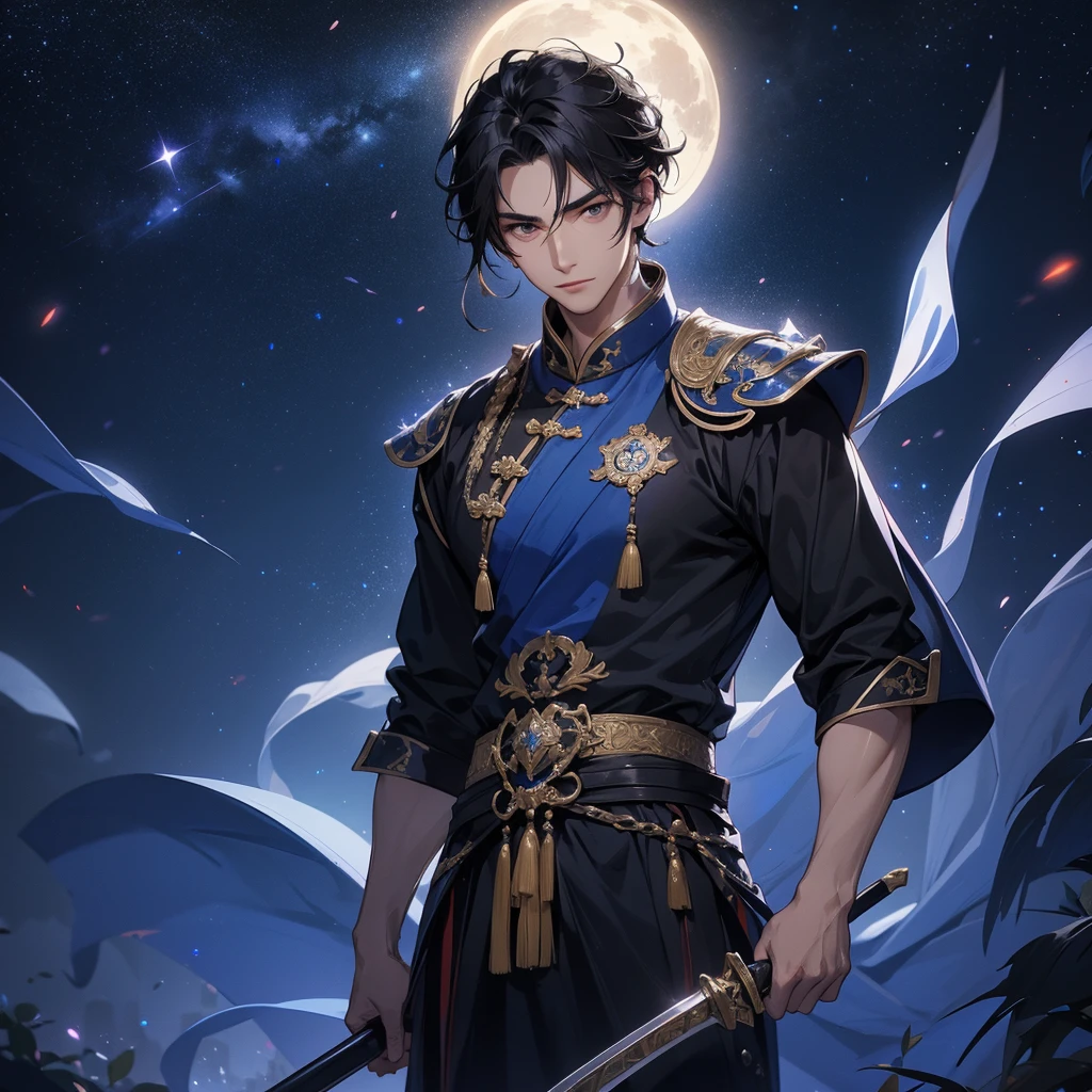 A Handsome black-hair male holding a large sword in an ancient chinese costume, Background is a dark night, with moonlight and millions of stars, twinkling everywhere, with blue light