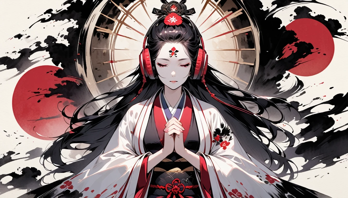 (((Ink Painting))), ((Japanese style headphones)), (((White face with Japanese pattern tattoo))), (((praying hands))), from front, Magnificent hair ornament, Japanese Woman, Pink