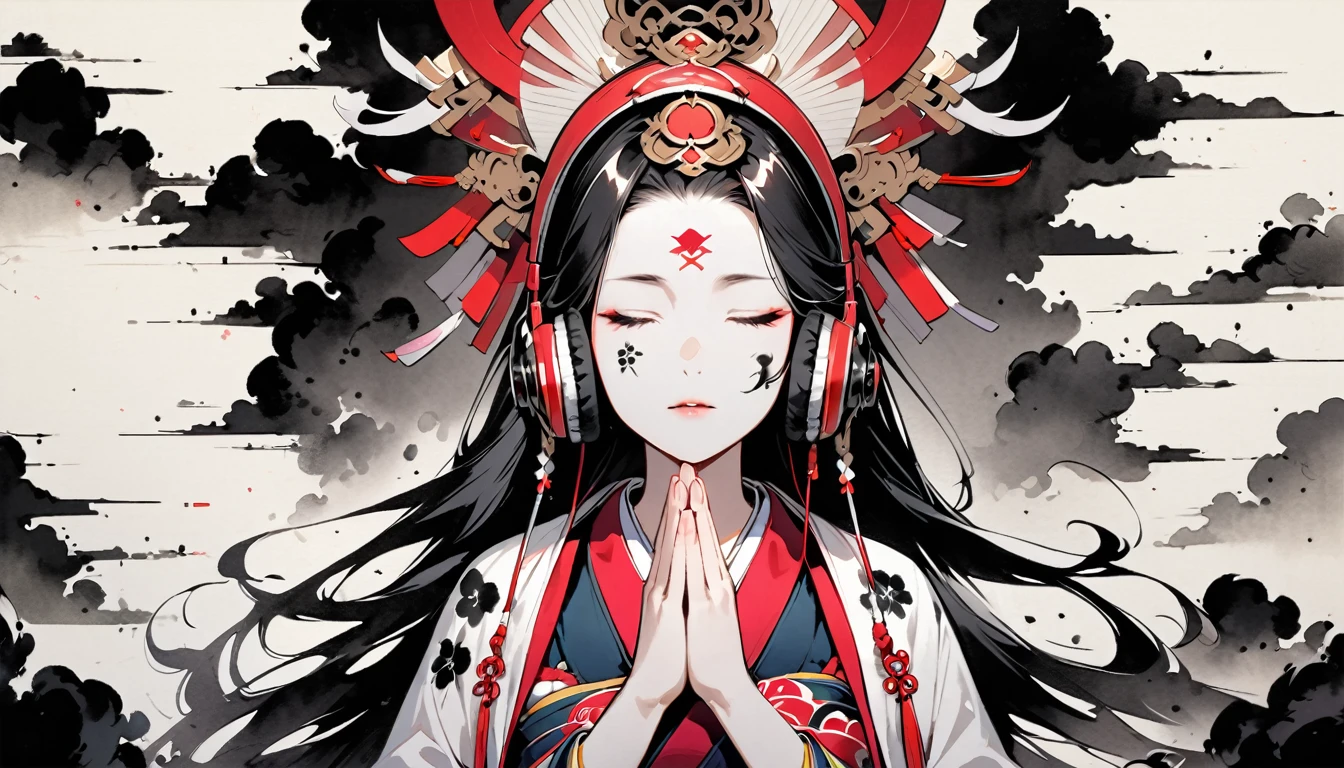 (((Ink Painting))), ((Japanese style headphones)), (((White face with Japanese pattern tattoo))), (((praying hands))), from front, Magnificent hair ornament, Japanese Woman, Pink