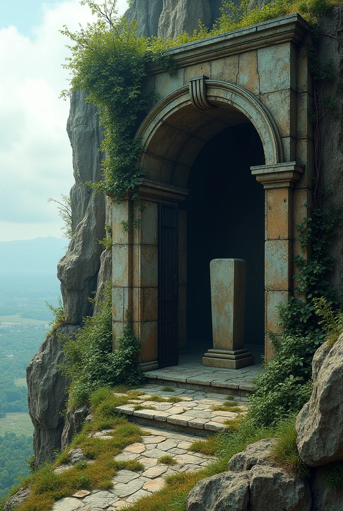 A lone mausoleum found its way onto the cliff to oversee the lands. Its facade was weathered and claimed by nature's plants that climbed against gravity with determined tendrils. An iron gate gave a view of a stone sarcophagus, plain yet relevant enough to exist in this abandoned place.