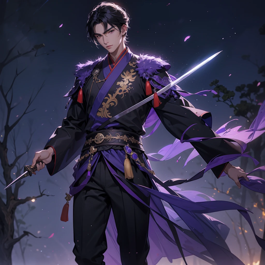A Handsome black-hair male holding a large sword in an ancient chinese costume, Background is a dark moonless night, with dry trees in the background, and purple glowing light