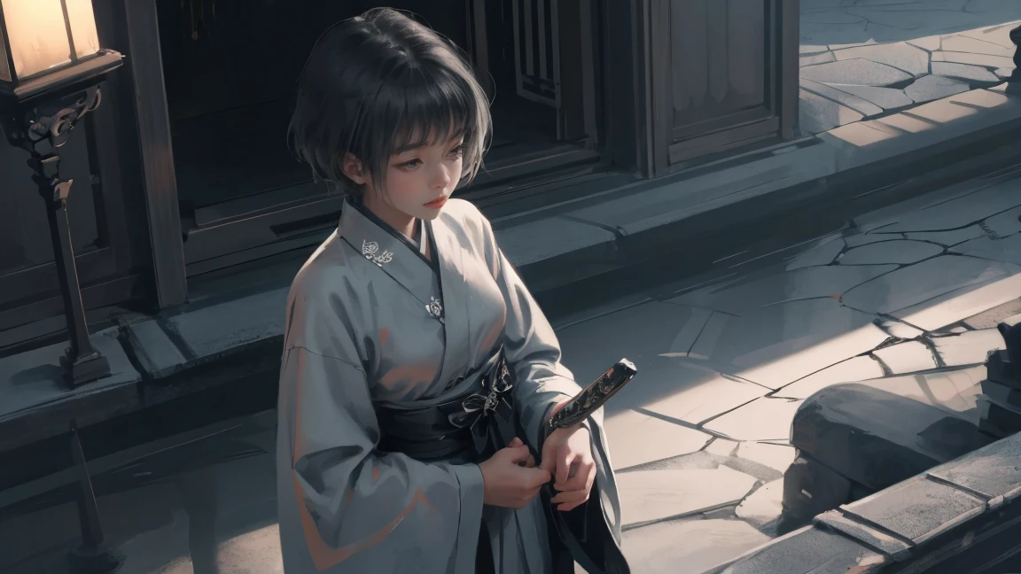 Wearing a black and white yukata and holding a sword、Beautiful Korean woman with short grey hair. Surrealism style. Pastel Tones. Mid Shot. Dramatic Light.