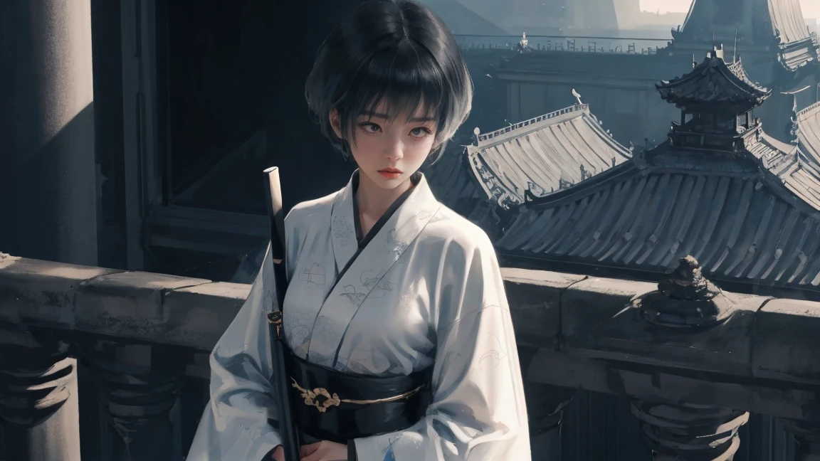 Wearing a black and white yukata and holding a sword、Beautiful Korean woman with short grey hair. Surrealism style. Pastel Tones. Mid Shot. Dramatic Light.