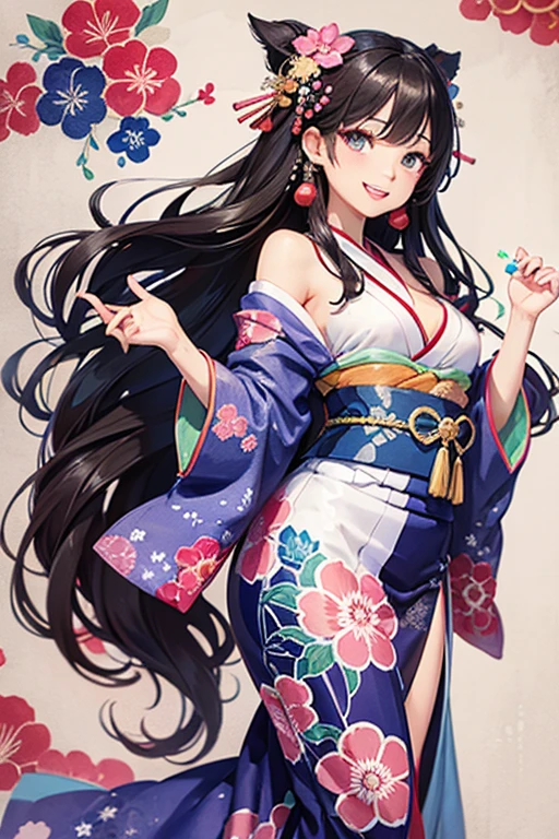 A beautiful woman smiles and shows her upper white teeth、Vividly colored Japanese Ukiyo-e style illustrations、SeaArt creates stunning illustrations of beautiful women in kimono、Brown-black long hair、Beautiful full body style、Beautiful digital illustrations,、Beautiful digital painting, Bright and vivid anime CG art, Detailed digital anime art,  Beautiful anime portraits