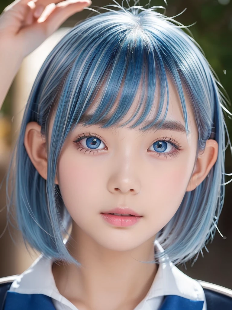 A portrait of a young girl in school uniform, with a bright expression, glowing white skin, glossy face, shimmering cheek gloss, small face, round face, best looks, bright silver hair with shimmering highlights, very beautiful glossy hair, (ultra short Blue hair:1.5), beautiful shiny bangs drawing the eyes, shimmering clear alluring bright large pale blue eyes, very large eyes, downturned eyes, eyeliner, thin eyebrows, a very beautiful, lovely, and cute girl, perfect bust,masterpiece,photorealistic, 8k, high quality, masterpiece, realistic portrait