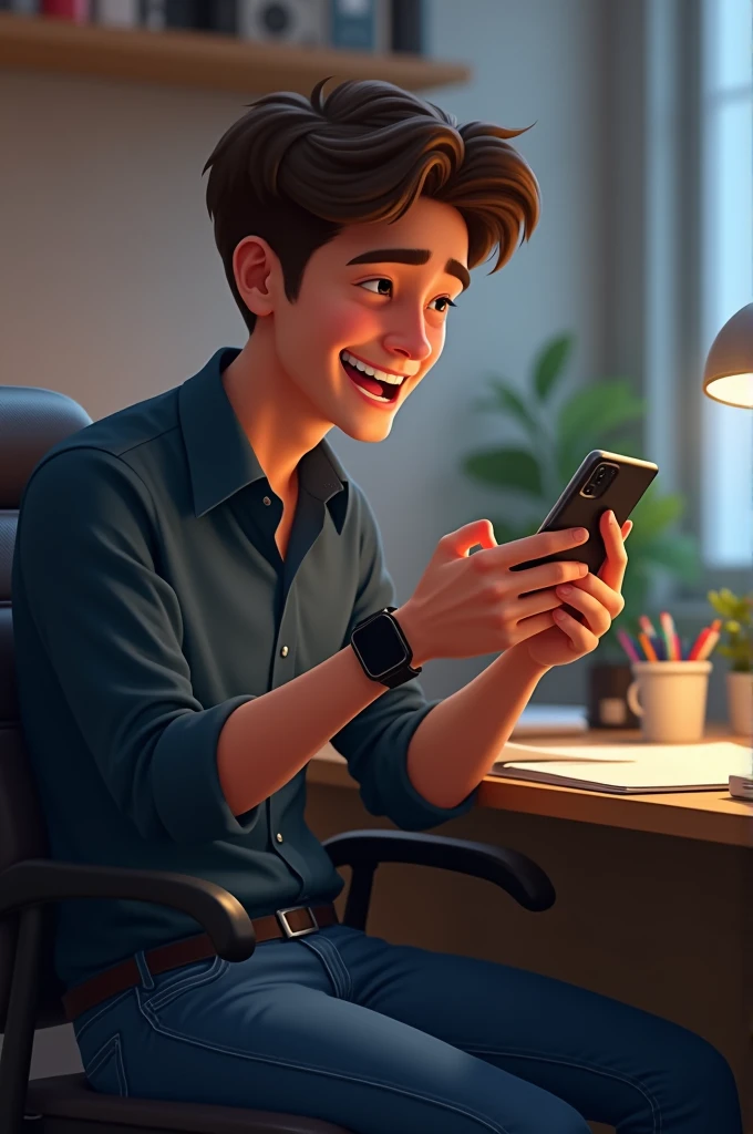 The boy also became happy after seeing the girl's thank you message on Instagram on his phone, the boy is wearing a dark blue shirt, jeans and a smart watch, and the boy is still in the office