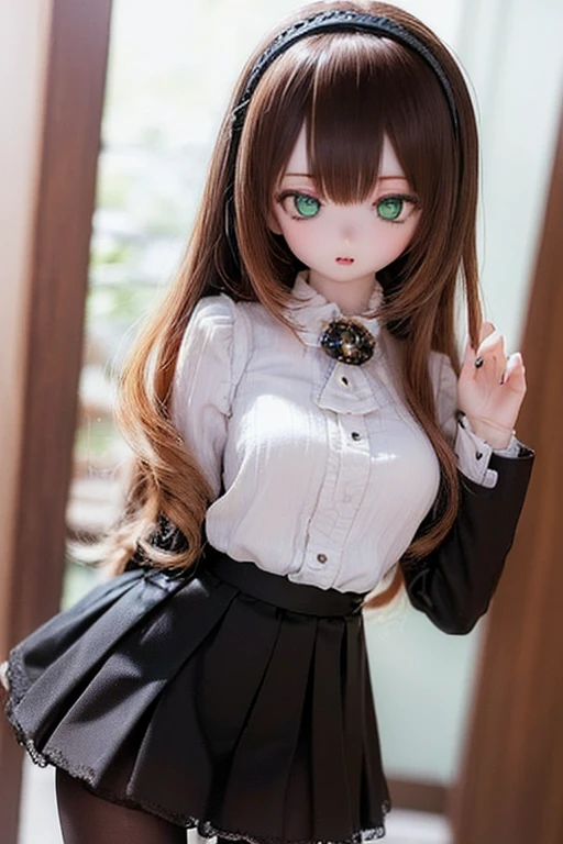 (SFW:2), photorealistic, realistic photo, 8k, ((highest quality)), ((masterpiece)), (extremely detailed), kukolnydom, doll, (mature woman, 21yo, 2, solo:1.6), ((cowboy shot, dynamic pose, slim, slender, skinny, medium breasts, hairband, ascot, dress shirt, long ???? sleeves, pleated skirt, black pantyhose)), (parted lips, green eyes, brown hair, long hair, plastic skin, looking at another, glass eyes, gradient eyes, shining eyes, detailed eyes:1.3)