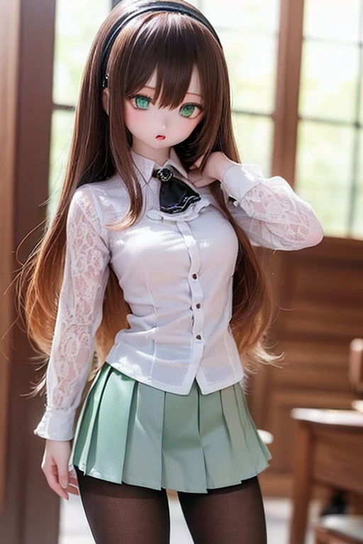 (SFW:2), photorealistic, realistic photo, 8k, ((highest quality)), ((masterpiece)), (extremely detailed), kukolnydom, doll, (mature woman, 21yo, 2, solo:1.6), ((cowboy shot, dynamic pose, slim, slender, skinny, medium breasts, hairband, ascot, dress shirt, long puff sleeves, pleated skirt, black pantyhose)), (parted lips, green eyes, brown hair, long hair, plastic skin, looking at another, glass eyes, gradient eyes, shining eyes, detailed eyes:1.3)