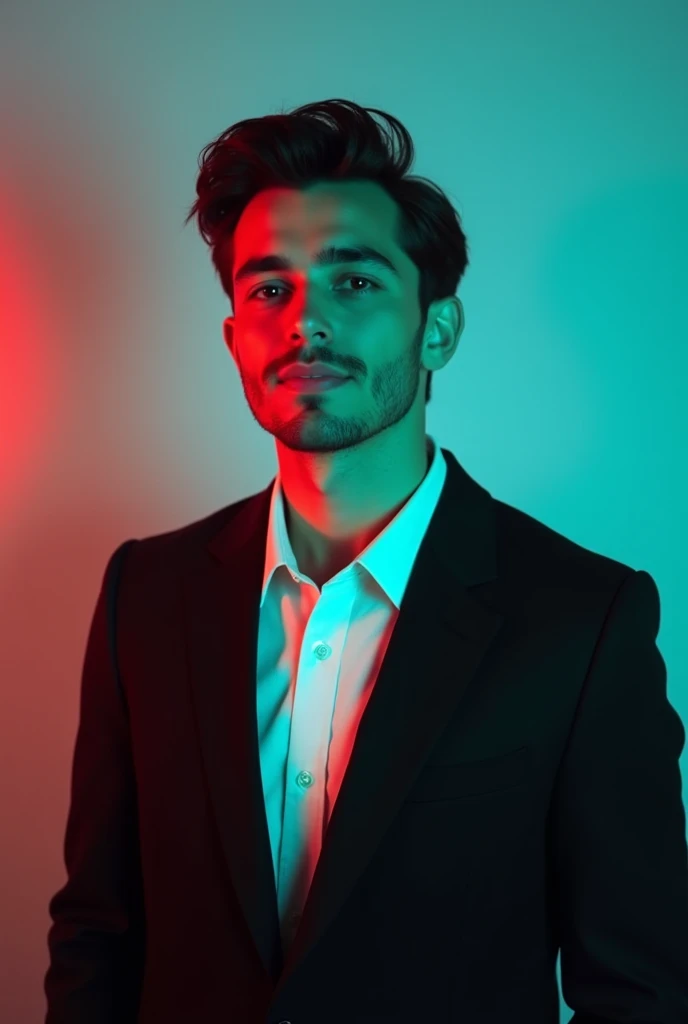 A young man with dark hair and a confident smile. He is dressed in a black blazer over a white shirt. The man is positioned against aqua colour backdrop with a subtle red lighting on the left side.an