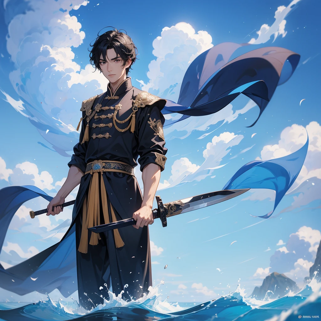 A Handsome black-hair male holding a large sword in an ancient chinese costume, Background is a blue sky, with low floating blue clouds all over the area