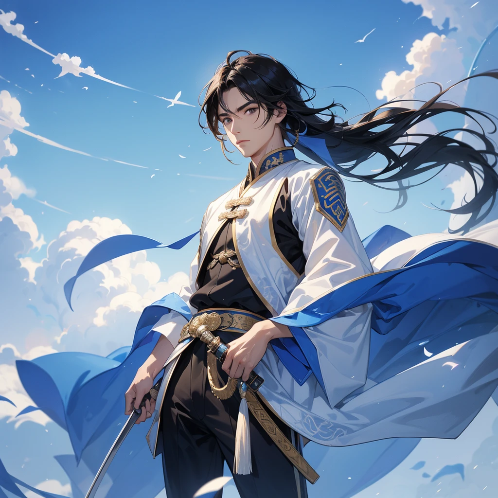 A Handsome black-hair male holding a large sword in an ancient chinese costume, Background is a blue sky, with low floating blue clouds all over the area