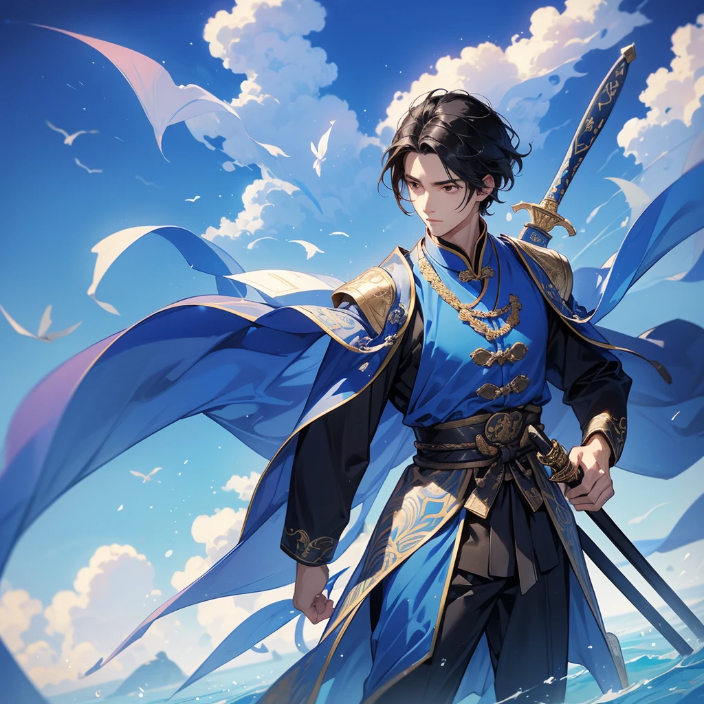 A Handsome black-hair male holding a large sword in an ancient chinese costume, Background is a blue sky, with low floating blue clouds all over the area