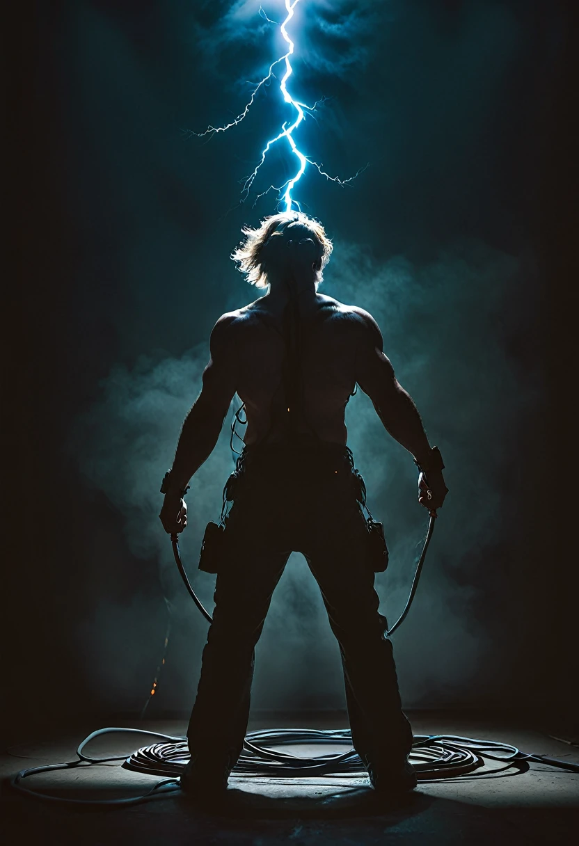 a person intentionally holding two thick electric cables, high voltage electricity, high voltage discharge, dangerous situation, dramatic lighting, cinematic, dark moody atmosphere, dramatic shadows, chiaroscuro lighting, intense expression, realistic, cinematic, unreal engine, 8k, photorealistic, masterpiece