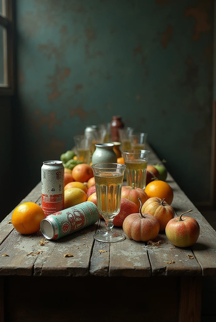 long table,One point perspective from upper left corner,Toppled beverage can,Fruit,messy,dusty glasses