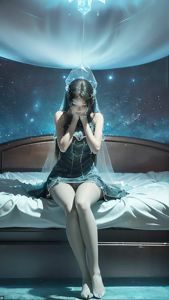 (((1 girl)),Ray tracing,(Dim Lights),[Detailed background (bedroom)),((Slim Girl))) Starry sky background，((((Girls wear dresses, With transparent stockings), Show off your exquisite figure and graceful curves, correct limbs, Sitting on the bed，Put your hands behind your head, Put your hands behind your head