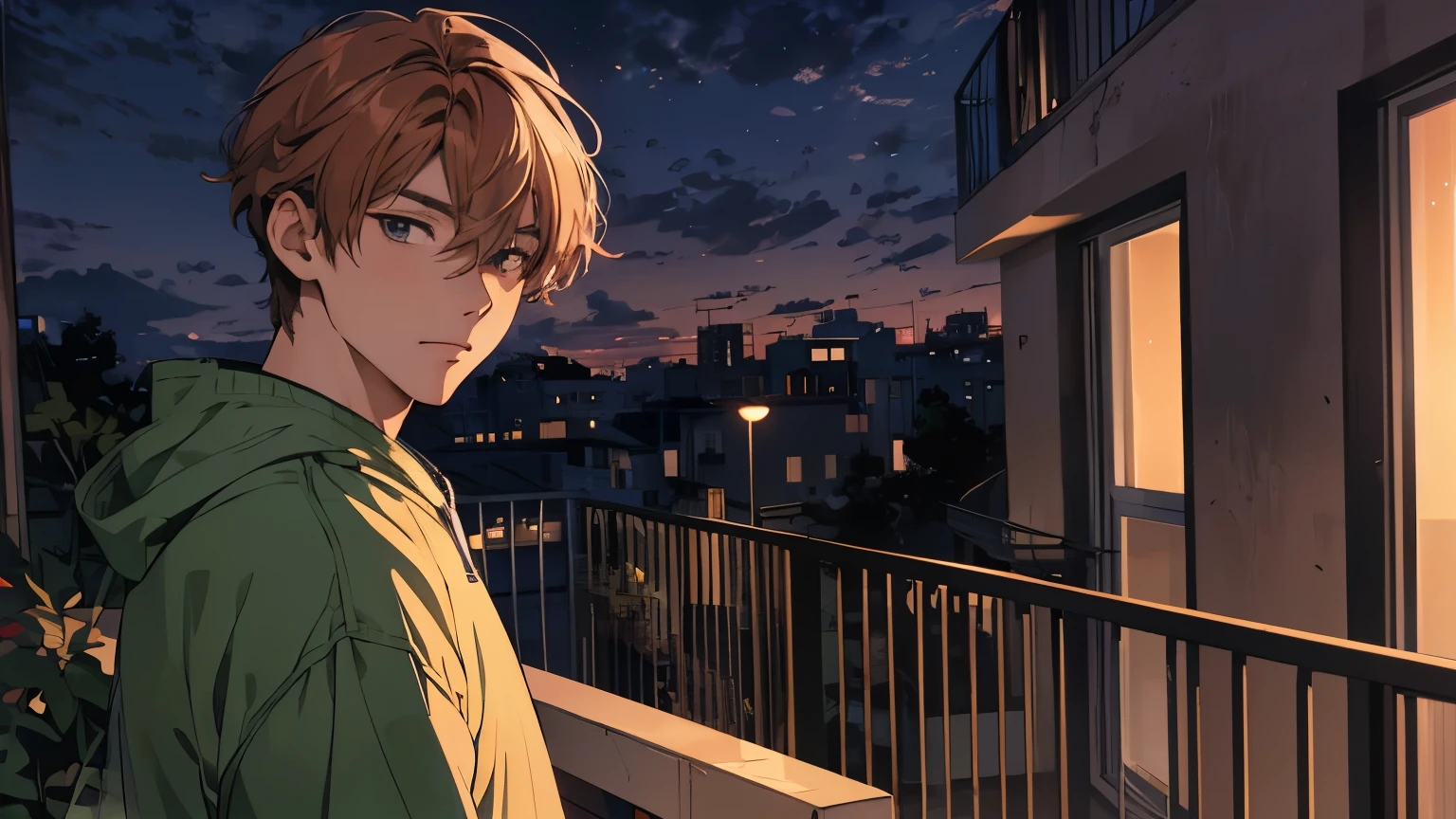 anime image of a man standing on a balcony looking out at the city, 4k anime wallpaper, anime. Soft lighting, 4K Manga Wallpapers, Watching the sunset. anime, handsome anime pose, anime background, young anime man, anime wallpaper 4k, anime wallpaper 4 k, anime style 4 k, anime portrait of a handsome man, Lo-fi art style