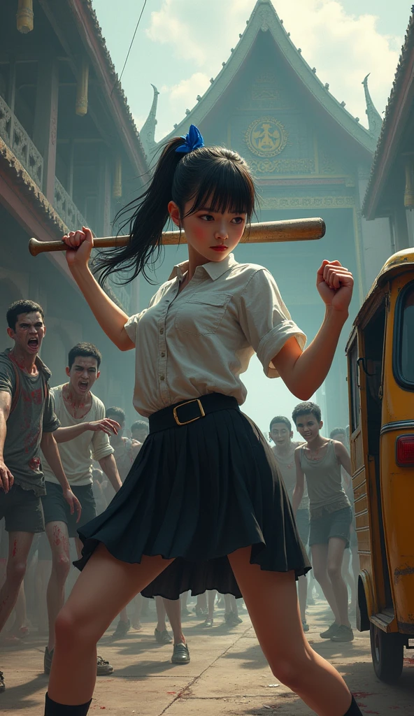 A cover image of a woman wearing a Thai school uniform, white shirt and black A-line skirt, fighting fiercely against a horde of zombies wearing different clothes, blood splattered, blood everywhere, with a baseball bat hitting the head of the zombies. She wears tattered clothes, do not expose herself. The scene is dark and atmospheric, with a realistic and fierce style. The background is an old Thai temple, with a broken down tuk tuk parked there.