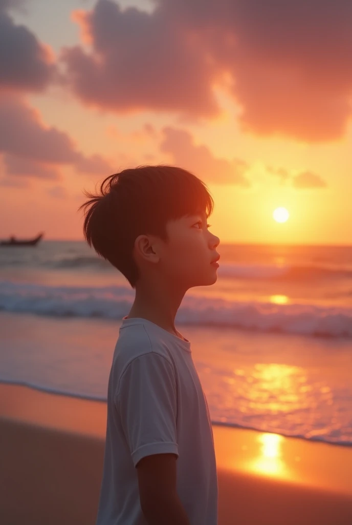 Asian boy at the beach，Sunset，Reality，Portrait Photography