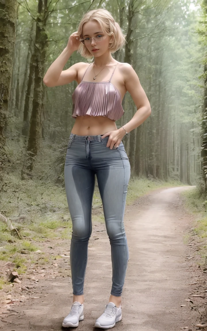 (8K, Masterpiece, RAW photo, ultra HD quality, detail:1.5), (scenary, natural background:1.4), Depth of field, Cinematic light, (ultra realistic face:1.5), ( 1 picture of 1 girl Ekaterina Ackerman:1.7), (solo girl:1.6), (Beautiful and elegant Russian girl), (skinny girl with glasses), (European face:1.3), (natural abs), (complete perfect full body:1.6), (full body including shoes:1.5), (tight minitop:1.5), ([red|gray] miniTop:1.4), (small necklace, collarbone:1.1), ([short hair]:1.5), (ultra detailed skin:1.4), (soft mate fabric:1.3), ([frontal pose|side profile pose|back profile pose]:1.5), (face looking at viewer:1.5), (perfect hands:1.5), (perfect feet:1.5), (perfect anatomy:1.6), (perfect body:1.6), (ultra perfect beautiful face:1.6), (blonde hair:1.4), ([Pixie|Bob|Bangs|Braids|Pigtails] hair:1.5), (perfect standing pose:1.5), ( Pleated jeans :1.6)