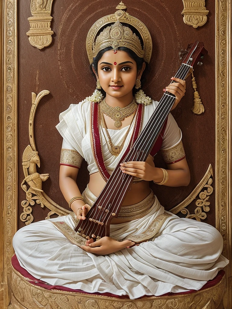 Goddess Saraswati in a white sari, playing on wine