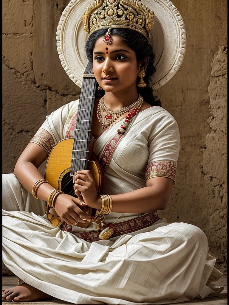 Goddess Saraswati in a white sari, playing on wine