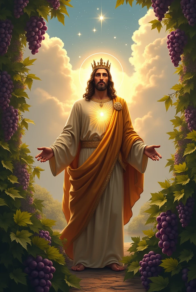 (photorealism:1.2), handsome Jesus Christ, standing straight with many grapes fruits and so many clouds all over, wearing the gold elegant clothes of the king with many diamonds and crown sparkling with light, the head and heart lighting all over, focus on face looking at the camera, nice hair, outdoors, bright lighting, so many clouds and grapes fruits in the background,  so many clouds and sparkling stars all over, cozy grapes garden, relaxed pose, realistic, intricate details, bright colors,