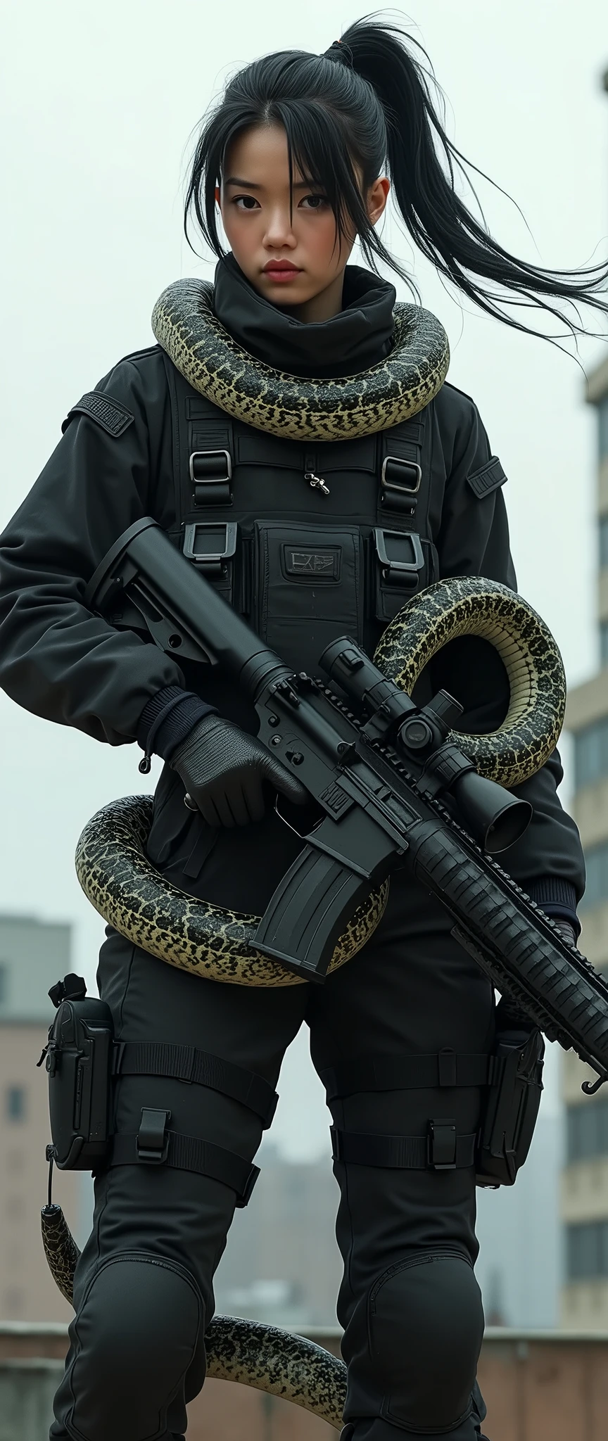 so much swagger trained marine corp militant asian female solider with snakes coiled around her smug grin sneer. with an attitue vengance she adorn with pony tail hairstyle adorn hip hop rap style in kevlar black military attire armour sniper rifle on rooftop standing absolute disrespect bad-mannered